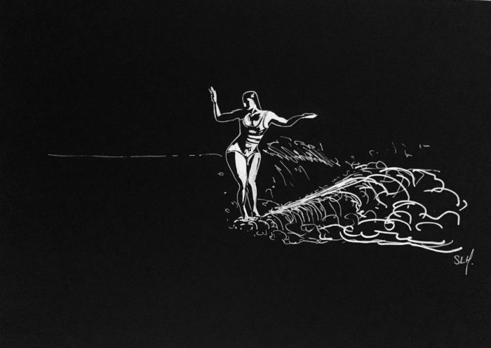 Exotic Girl Crayon Posca blanc (peinture acrylique à base d’eau) sur papier noir 2018