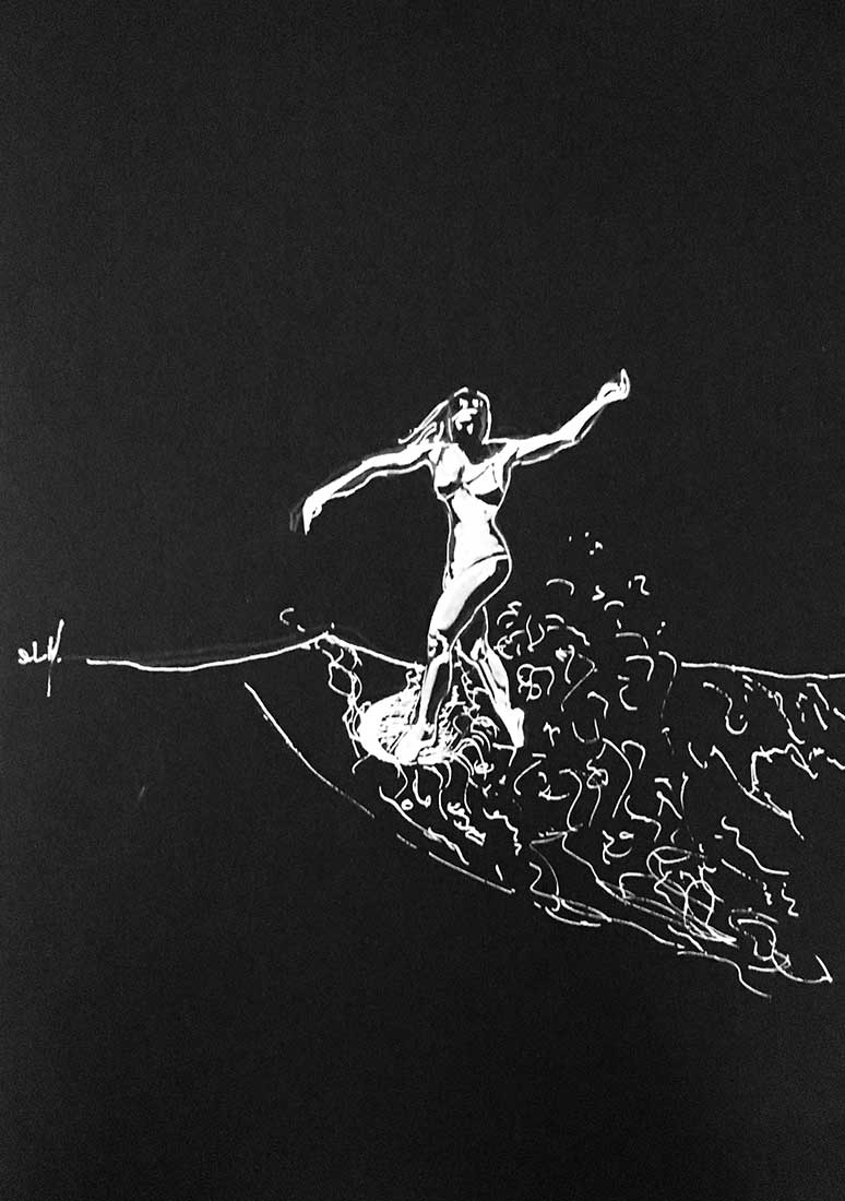 Hang Five in the Air Crayon Posca blanc (peinture acrylique à base d’eau) sur papier noir A4 (24cm x 29,7cm) 2018