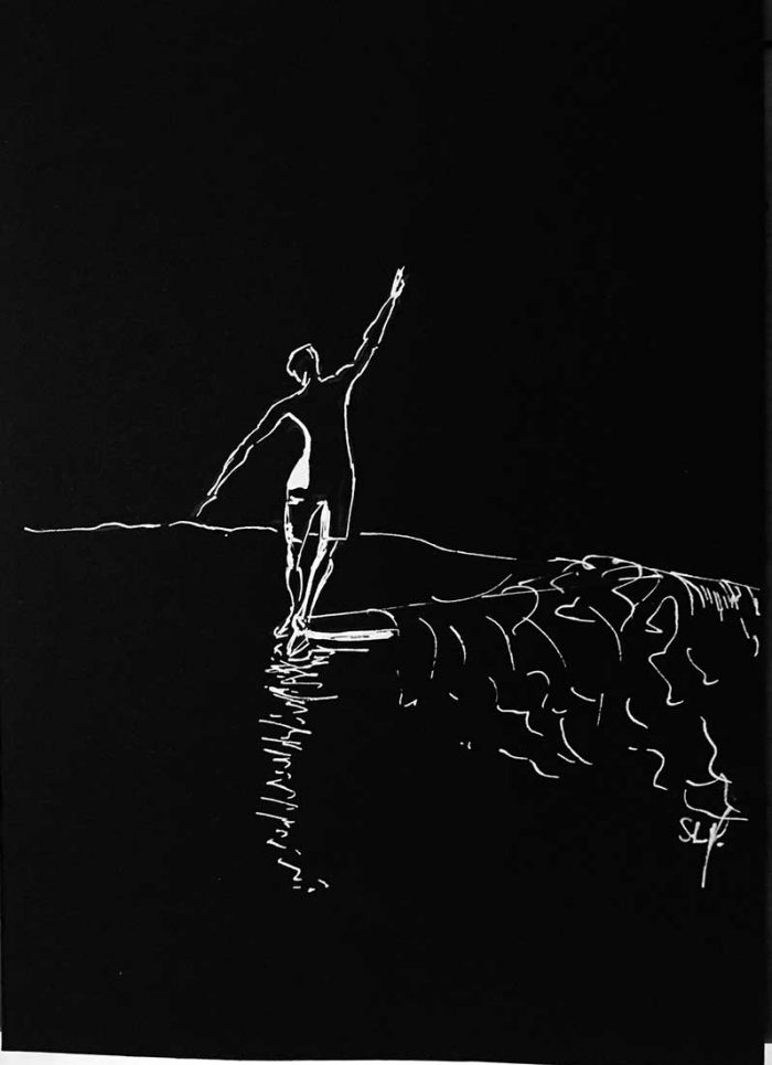 Hang Ten Reverse Crayon Posca blanc (peinture acrylique à base d’eau) sur papier noir A5 (14,8cm x 21cm) 2018