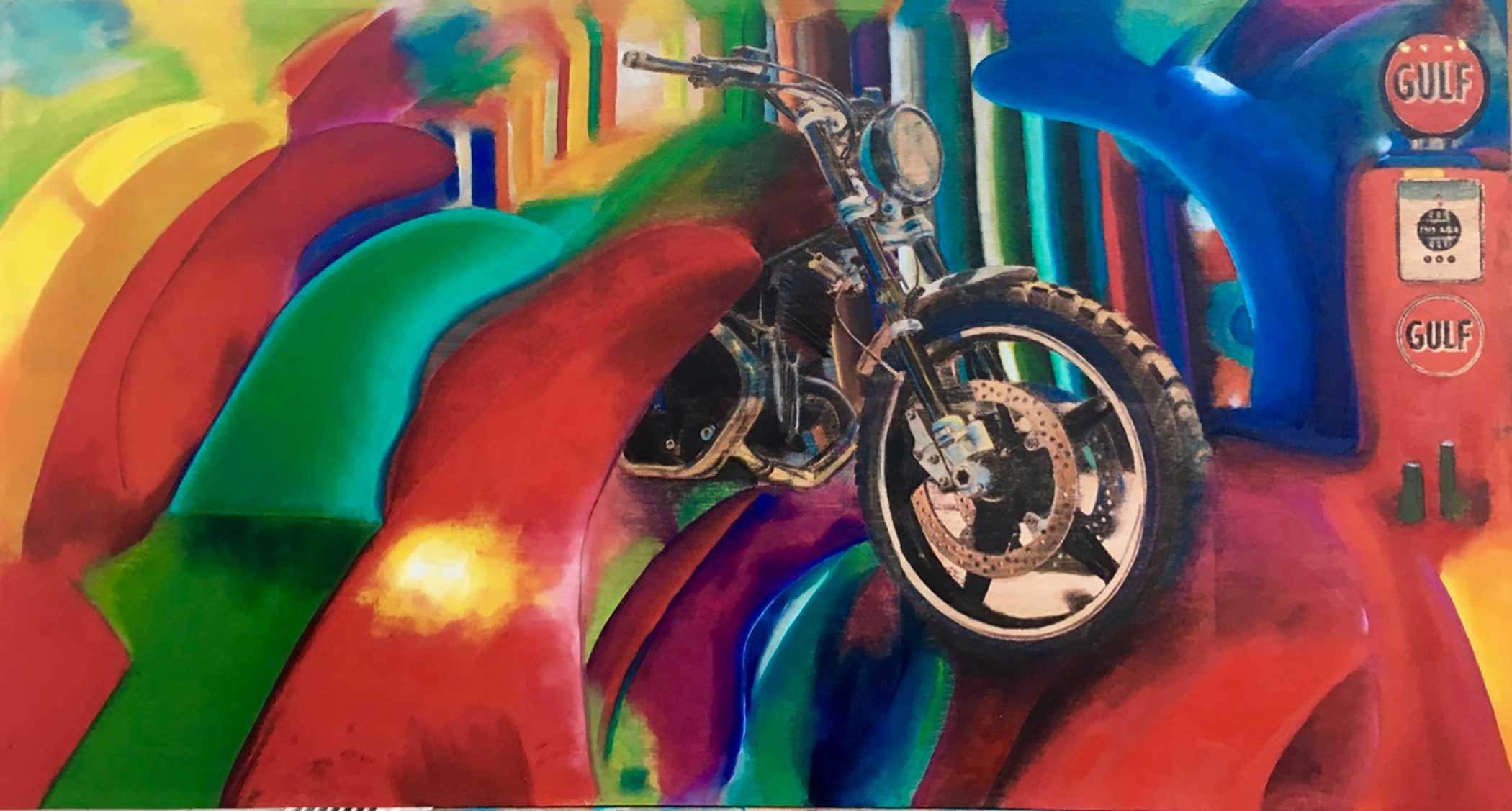 “Wheels and Fins” Mixed Media/ Oil on Wood 53cm x 98cm 2018
